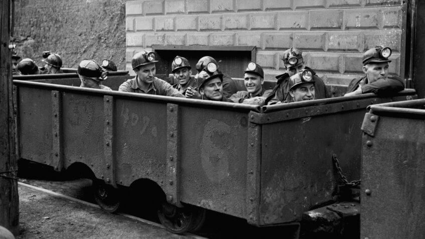Coal miners ready to descend into mine in Maidsville, West Virginia.