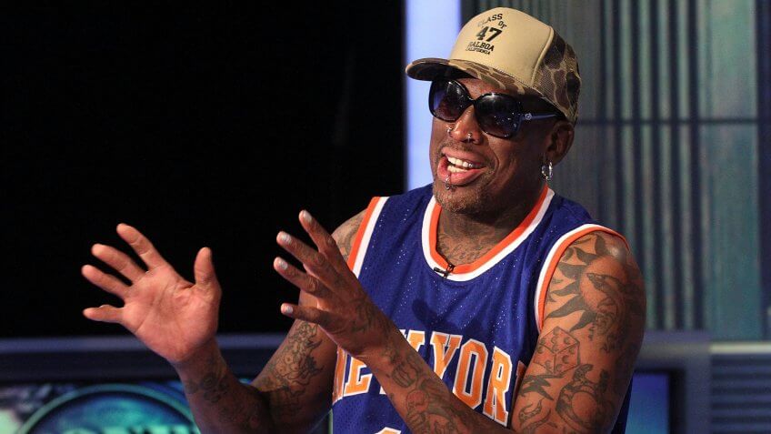 NEW YORK, NY - DECEMBER 09:  Dennis Rodman Visits The FOX Business Network at FOX Studios on December 9, 2014 in New York City.