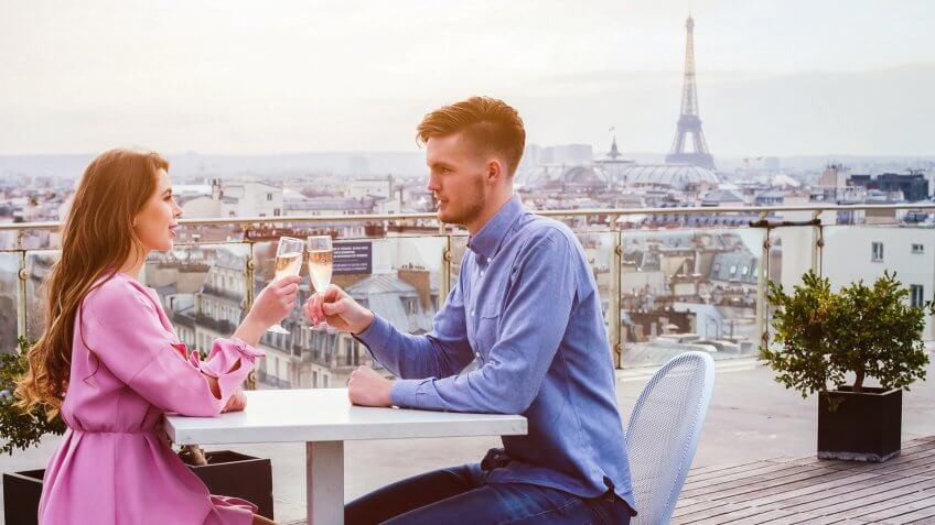 How Much to Tip When Traveling to These 25 Countries, couple drinking champagne in luxury rooftop restaurant in Paris