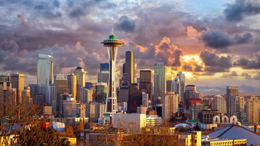 Seattle skyline at sunset, WA, USA.