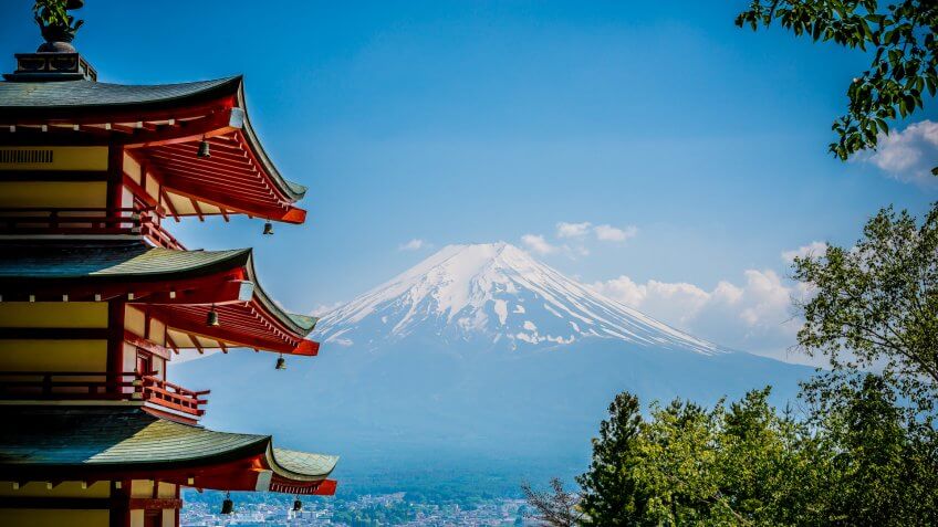 A shot of famous red pagoda, Chureto and Mt.