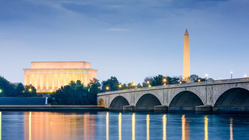 Washington DC, USA skyline on the Potomac River with Lincoln Memorial, Washington Monument, and Arlington Memorial Bridge.
