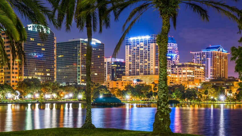 Orlando Florida, lake Eola, skyline, skyscrapers, night.
