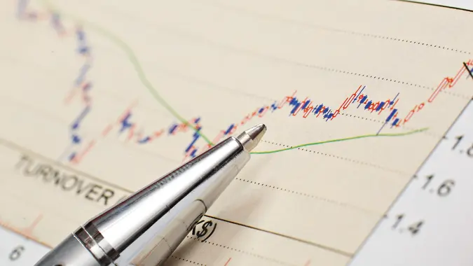 close-up of pen on stock chart in a newspaper