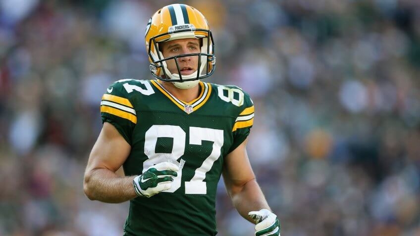 GREEN BAY, WI - SEPTEMBER 14: Wide receiver Jordy Nelson #87 of the Green Bay Packers during the NFL game against the New York Jets at Lambeau Field on September 14, 2014 in Green Bay, Wisconsin.