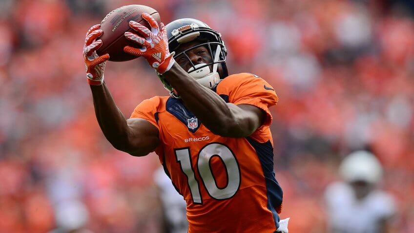 DENVER, CO - OCTOBER 30: Wide receiver Emmanuel Sanders #10 of the Denver Broncos catches a 37-yard pass in the second quarter of the game against the San Diego Chargers at Sports Authority Field at Mile High on October 30, 2016 in Denver, Colorado.