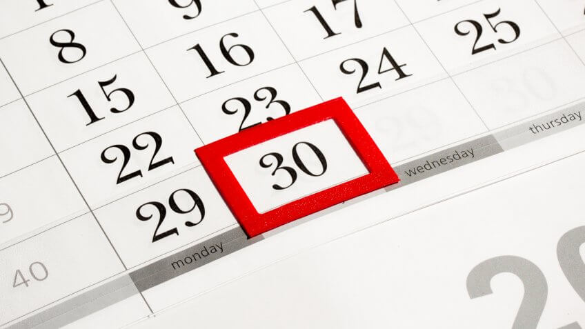 The number 30 on a calendar surrounded by a red border The number 30 on a calendar surrounded by a red border