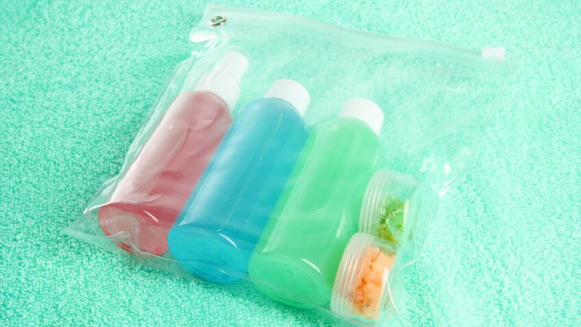 Plastic bag with travel size toiletries Plastic bag with travel size toiletries
