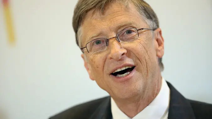 BERLIN, GERMANY - JANUARY 29: Microsoft founder Bill Gates speaks with German Development Minister Dirk Niebel (not pictured) to the media after talks at the Development Ministry on January 29, 2013 in Berlin, Germany.