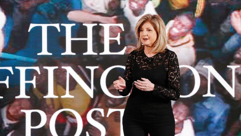 NEW YORK, NY - APRIL 28: Co-founder and editor-in-chief of The Huffington Post Arianna Huffington speaks on stage during the AOL 2015 Newfront on April 28, 2015 in New York City.