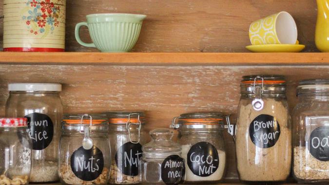 mason jars in cupboard