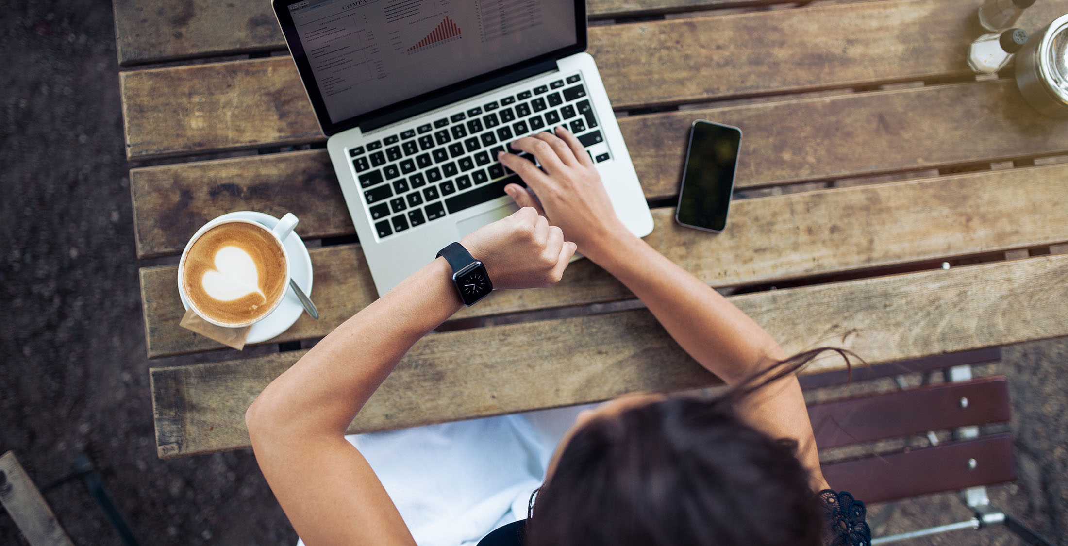 Consider DRIPs or DRPs overhead shot of woman checking watch at computer drinking latte