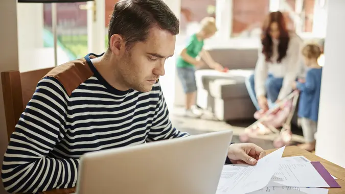 Young family home finances stock photo