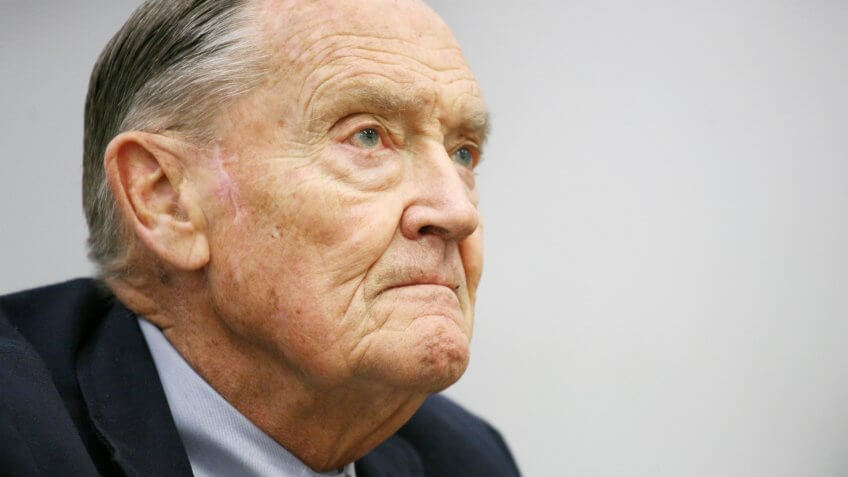 John Bogle, founder of The Vanguard Group, listens during an interview at The Associated Press on in New YorkVANGUARD, NEW YORK, USA.
