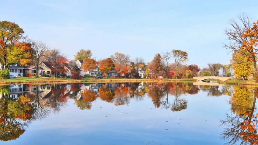 Beautiful fall landscape with a bridge in the city park.
