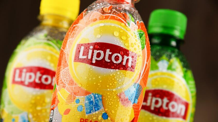POZNAN, POLAND - NOV 4, 2016: Lipton Ice Tea is a soft drink brand sold by Lipton belonging to Unilever, a British-Dutch multinational consumer goods company.