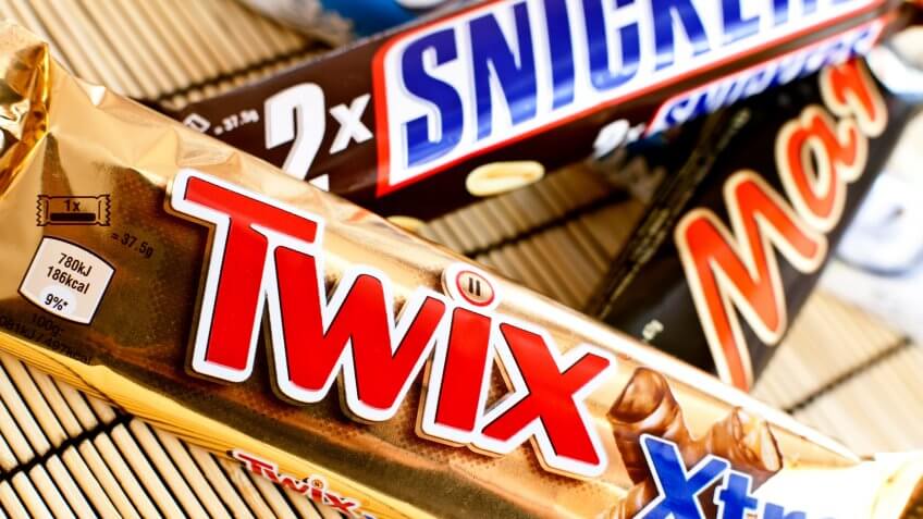 DORKOVO, BULGARIA - MARCH 20, 2017: Twix,Mars,Snickers and Bountey chocolate bars produced by Mars Incorporated.