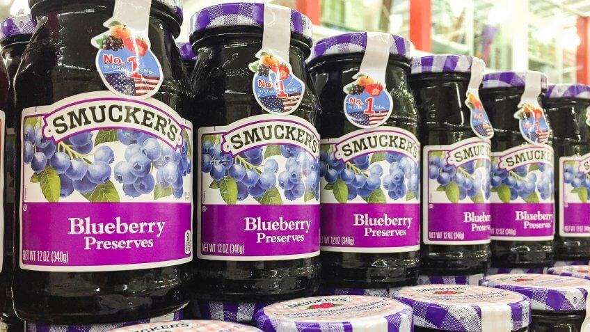CHIANGMAI, THAILAND - April 5, 2017: Hypermarket Shelf with Smucker's brand Simply Fruit jams.