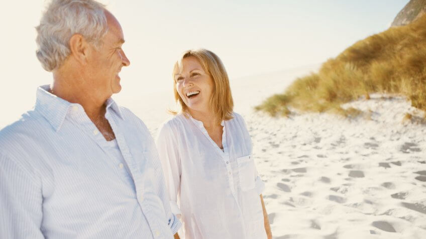 retired couple relaxing on the beach
