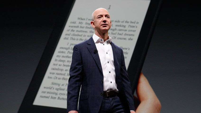 SANTA MONICA, CA - SEPTEMBER 6: Amazon CEO Jeff Bezos unveils new Kindle reading devices during a press conference on September 6, 2012 in Santa Monica, California.