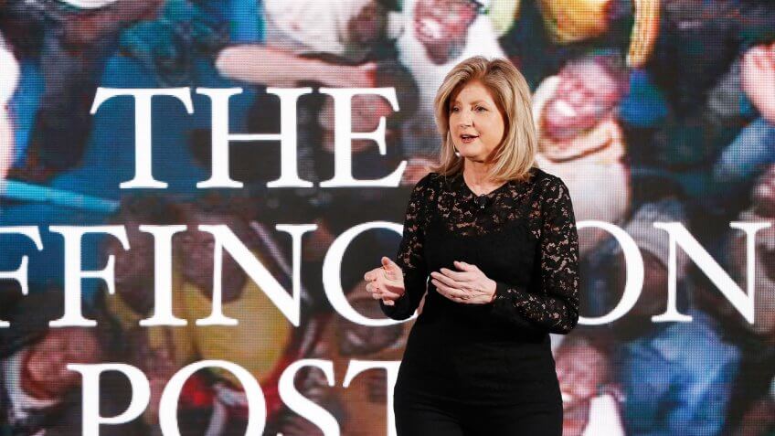 NEW YORK, NY - APRIL 28: Co-founder and editor-in-chief of The Huffington Post Arianna Huffington speaks on stage during the AOL 2015 Newfront on April 28, 2015 in New York City.