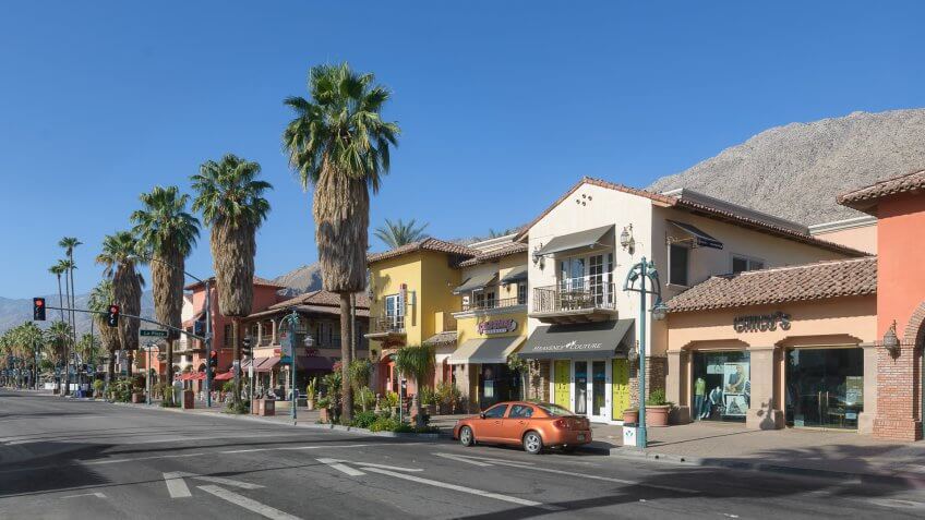 Palm Springs, California, USA - August 10, 2016: Shops along Palm Canyon Drive in downtown Palm Springs.