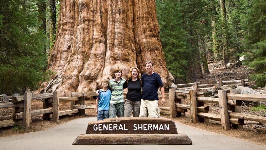 family smiling in front of general sherman
