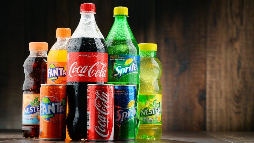 POZNAN, POLAND - JAN 19, 2017: Flagship products of Coca Cola Company, American multinational beverage corporation, headquartered in Atlanta, Georgia, USA.