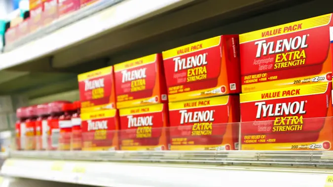 TORONTO, CANADA - OCTOBER 31, 2014: Boxes of Tylenol pain reliever on shelves in a pharmacy.