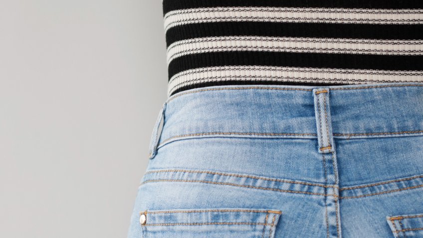 Adult, Beauty, Casual, Clothing, Elegance, Femininity, Garment, Modern, Part Of, Pattern, Posing, Style, Textile, Trendy, What $100 Was Worth in the Decade You Were Born, White, apparel, behind, black, body, buttocks, classic, close up, cotton, daily, denim, elegant, girl, half, high-waist, isolated, lady, model, outfit, person, pocket, shape, skinny, slim, stripes, texture, unrecognizable, woman, young