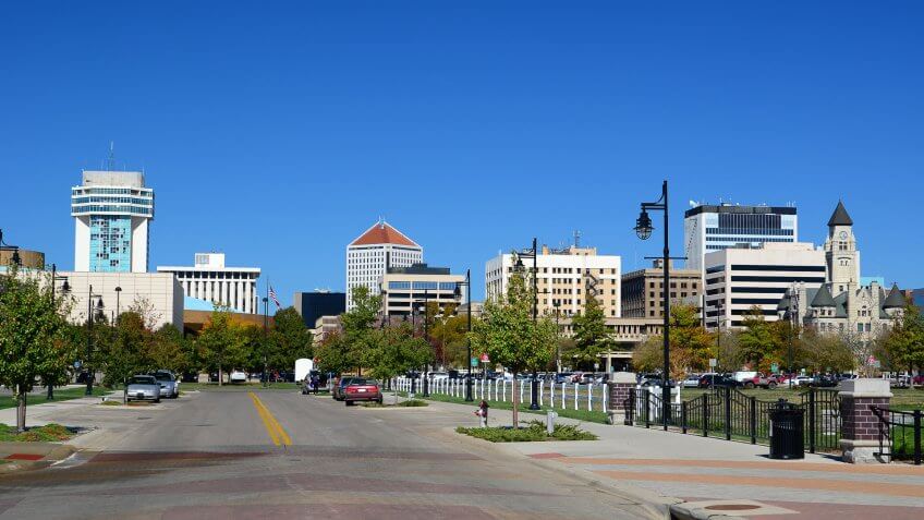 Wichita, Kansas skyline view from a street.
