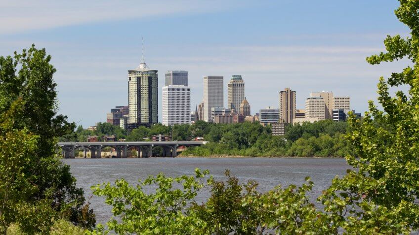 "The Tulsa skyline, viewed from the west bank of the Arkansas River.