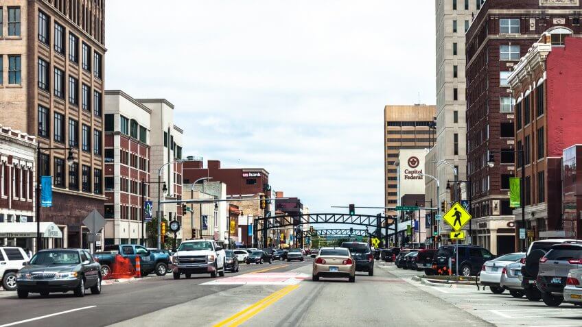 Traffic in Topeka historic downtown.