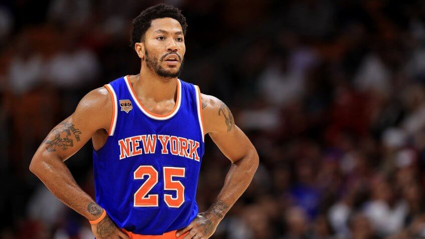 MIAMI, FL - DECEMBER 06: Derrick Rose #25 of the New York Knicks looks on during a game against the Miami Heat at American Airlines Arena on December 6, 2016 in Miami, Florida.