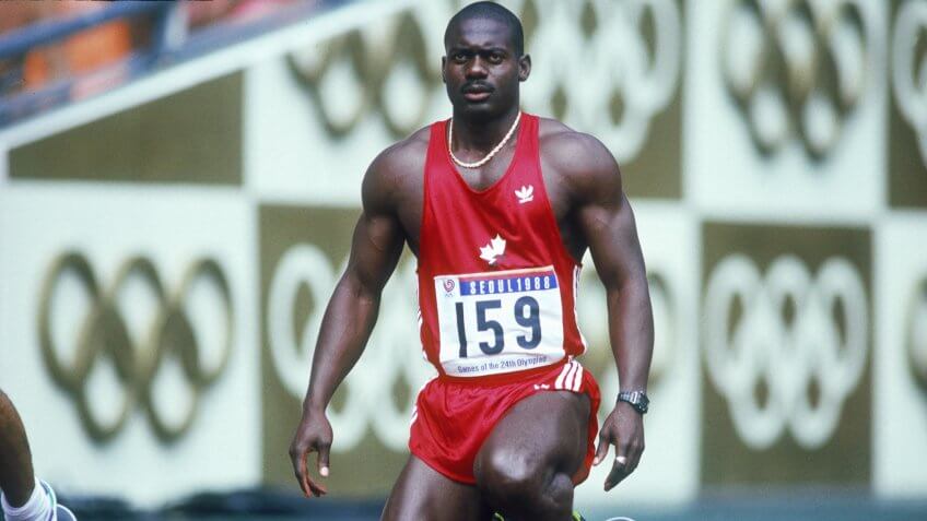 Canadian sprinter Ben Johnson at the start of the 100 Metres semi-final at Seoul Olympic Stadium during the Olympic Games in Seoul, South Korea, 24th September 1988.