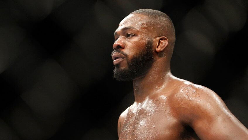 LAS VEGAS, NV - JANUARY 03: Light heavyweight champion Jon Jones waits in a timeout as he defends his title against Daniel Cormier during the UFC 182 event at the MGM Grand Garden Arena on January 3, 2015 in Las Vegas, Nevada.