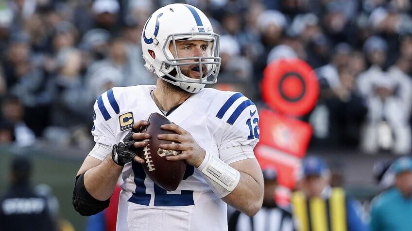 Mandatory Credit: Photo by Tony Avelar/AP/REX/Shutterstock (7665773x)Indianapolis Colts quarterback Andrew Luck (12) passes during the second half of an NFL football game against the Oakland Raiders in Oakland, CalifColts Raiders Football, Oakland, USA - 24 Dec 2016.