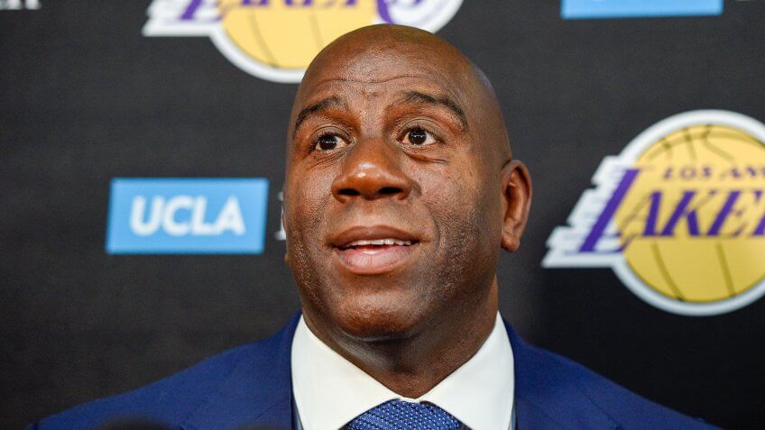 EL SEGUNDO, CA - SEPTEMBER 25: Earvin "Magic" Johnson, president of basketball operations of the Los Angeles Lakers, speaks during media day September 25, 2017, in El Segundo, California.