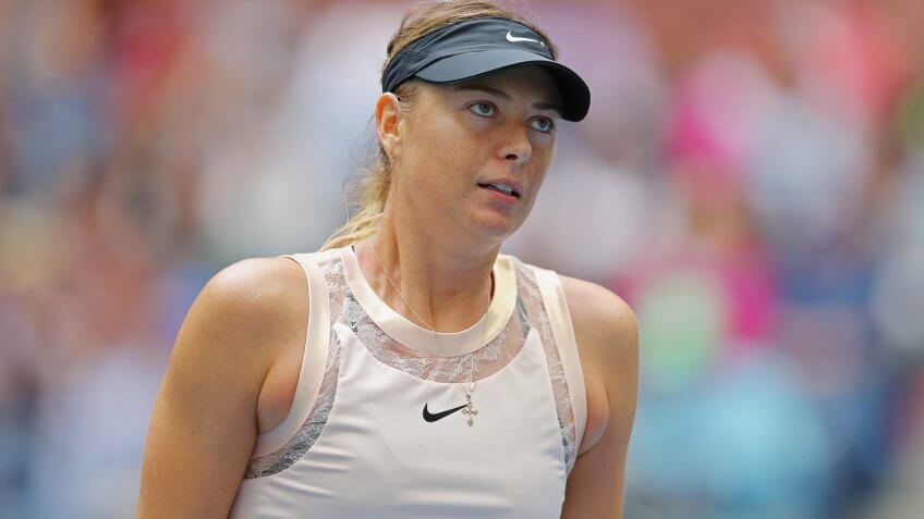 NEW YORK, NY - SEPTEMBER 03: Maria Sharapova of Russia reacts during her women's singles fourth round match against Anastasija Sevastova of Latvia on Day Seven of the 2017 US Open at the USTA Billie Jean King National Tennis Center on September 3, 2017 in the Flushing neighborhood of the Queens borough of New York City.