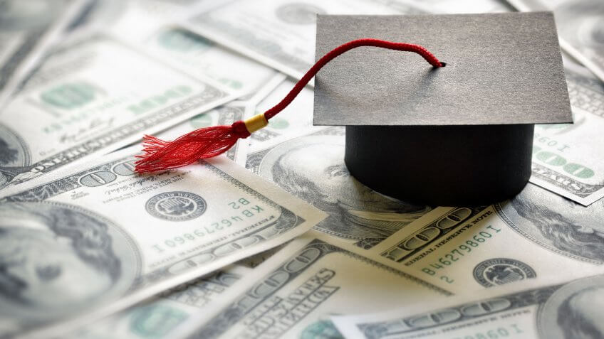 Provide options to avoid and refinance student debt. mini graduation cap on 100 dollar bills