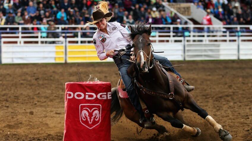 WAINWRIGHT, AB - JUNE 21: Jackie Gartner of Abilene, Texas, participates in the Ladies Barrel Racing during the 62nd Annual Wainwright Stampede on June 21, 2015 in Wainwright, Alberta, Canada.