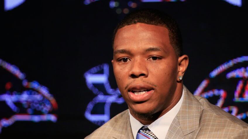 OWINGS MILLS, MD - MAY 23: Running back Ray Rice of the Baltimore Ravens addresses a news conference with his wife Janay (not pictured) at the Ravens training center on May 23, 2014 in Owings Mills, Maryland.
