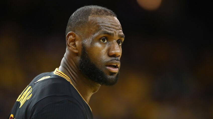 OAKLAND, CA - JUNE 12: LeBron James #23 of the Cleveland Cavaliers reacts against the Golden State Warriors in Game 5 of the 2017 NBA Finals at ORACLE Arena on June 12, 2017 in Oakland, California.