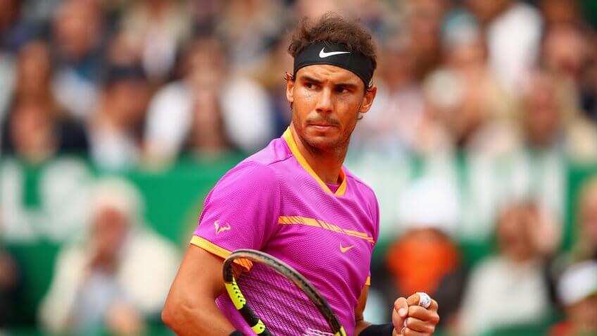 MONTE-CARLO, MONACO - APRIL 23: Rafael Nadal of Spain celebrates a point against Albert Ramos-Vinolas of Spain in the final on day eight of the Monte Carlo Rolex Masters at Monte-Carlo Sporting Club on April 23, 2017 in Monte-Carlo, Monaco.