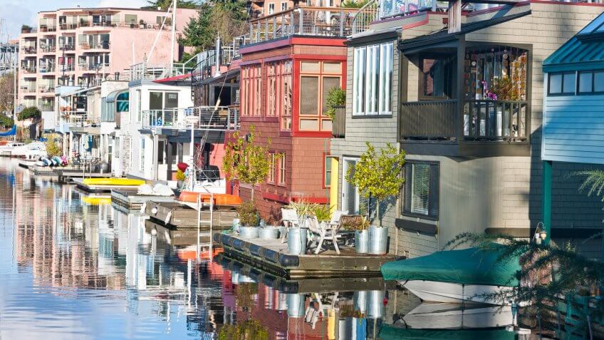 Houseboats line the shore in Seattle at Lake Union.