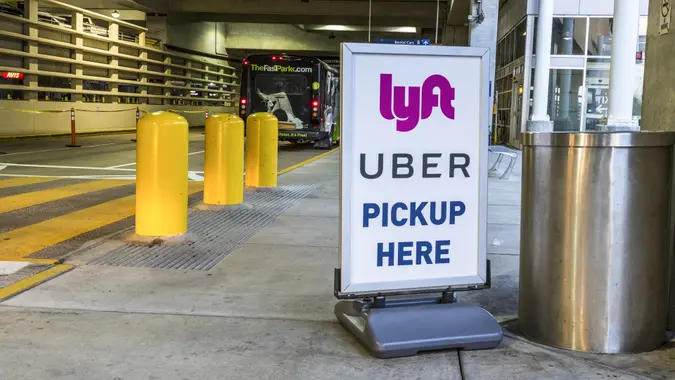 Ride sharing companies Lyft and Uber pickup spot at the airport.