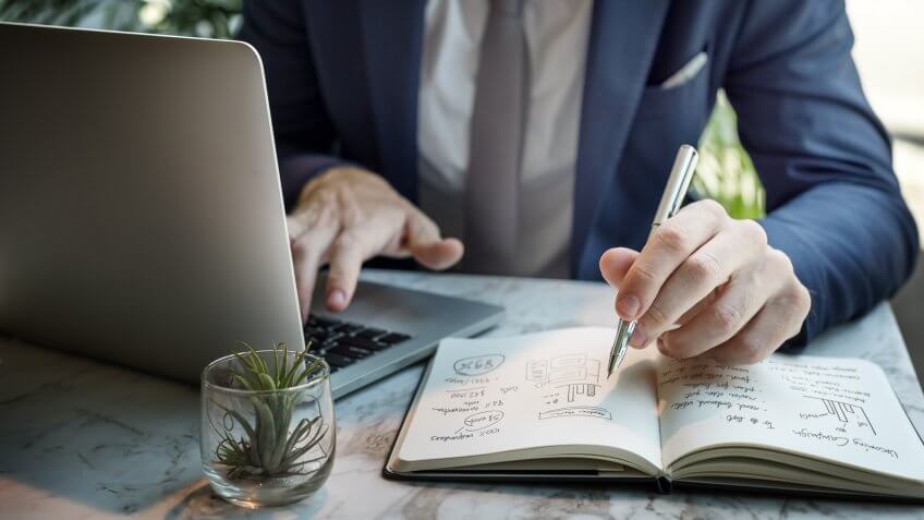 12087, 7 Habits of Success That Took Me to 7 Figures in My Bank Account, Horizontal, man with pen working on data, people