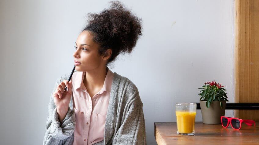 12087, 7 Habits of Success That Took Me to 7 Figures in My Bank Account, African American woman thinking with orange juice, Horizontal, people