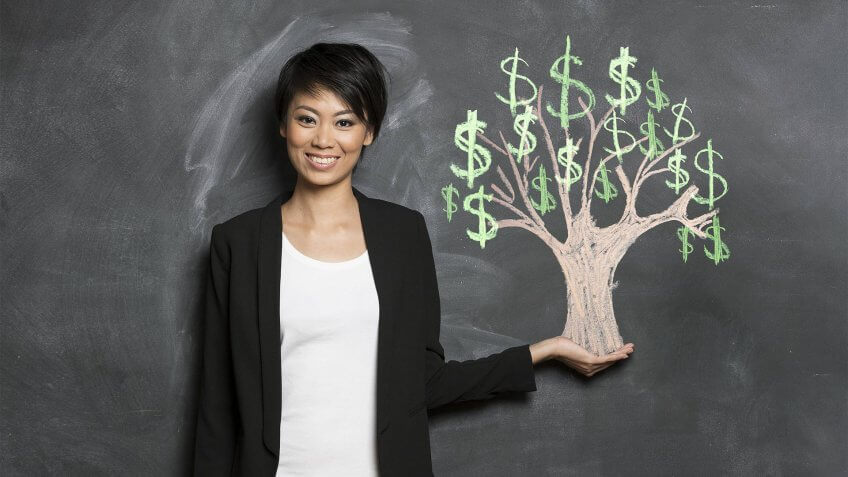 Happy Asian Business woman in front of chalk money tree drawing on blackboard.