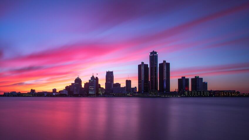 The Detroit, Michigan skyline, as seen from across the Detroit River, in Windsor, Ontario, Canada.